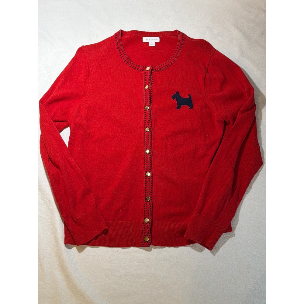 Charter Club Red Scottie Dog Cardigan Sweater Gold Buttons Navy Trim Size Large